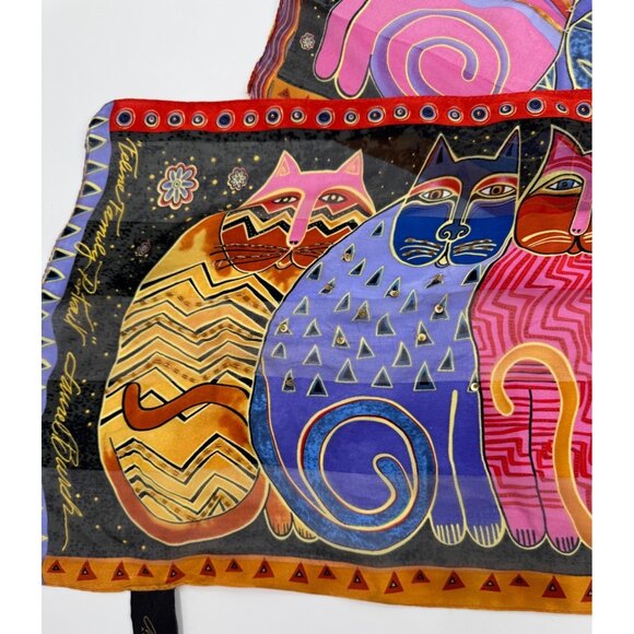 Laurel Burch "Feline Family Portrait" 100% Silk Scarf Vibrant Multicolor Cat Des - Picture 7 of 14